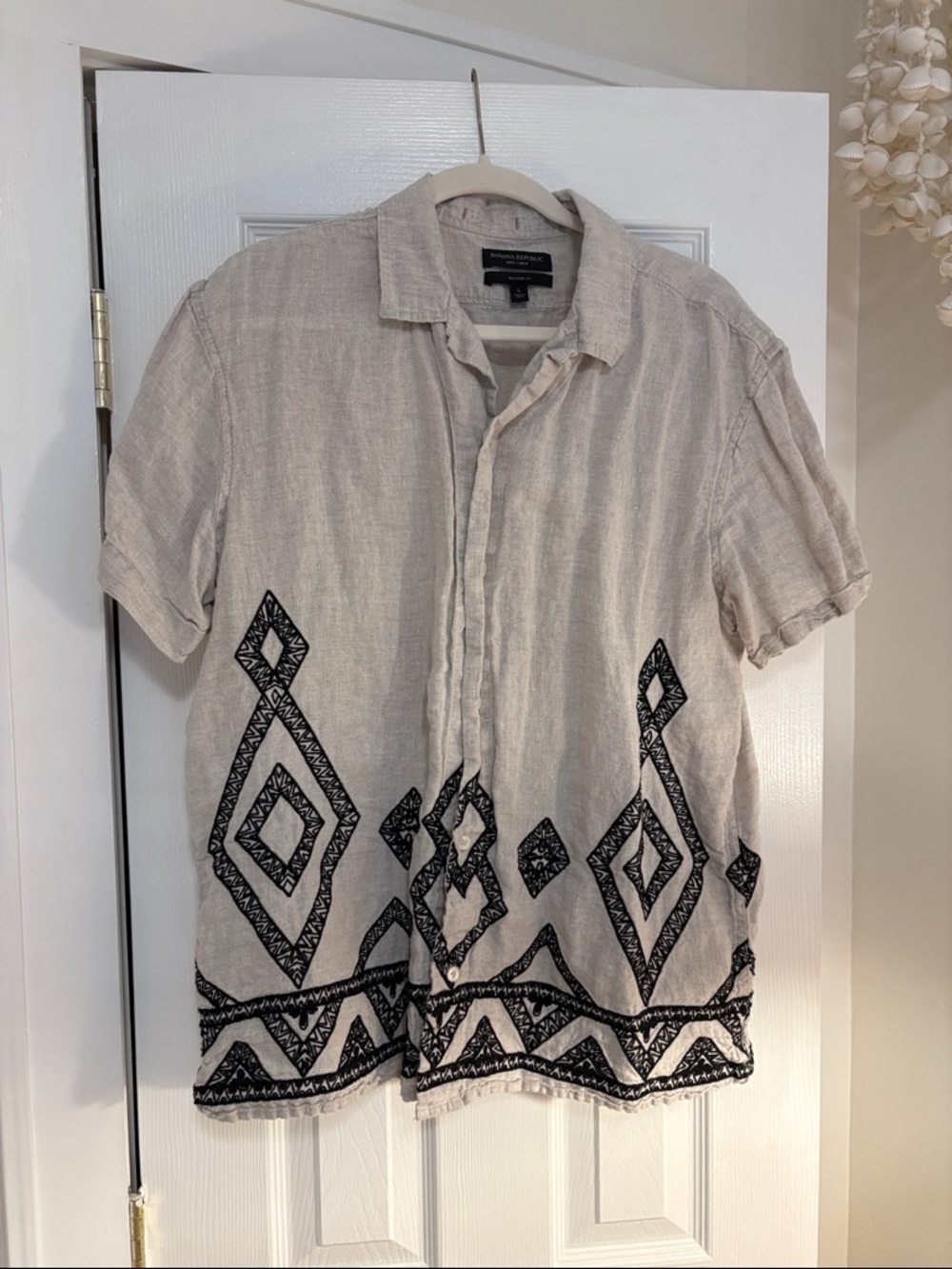 Banana Republic Beige Short-Sleeve Button-Down with Black Geometric Embroidery